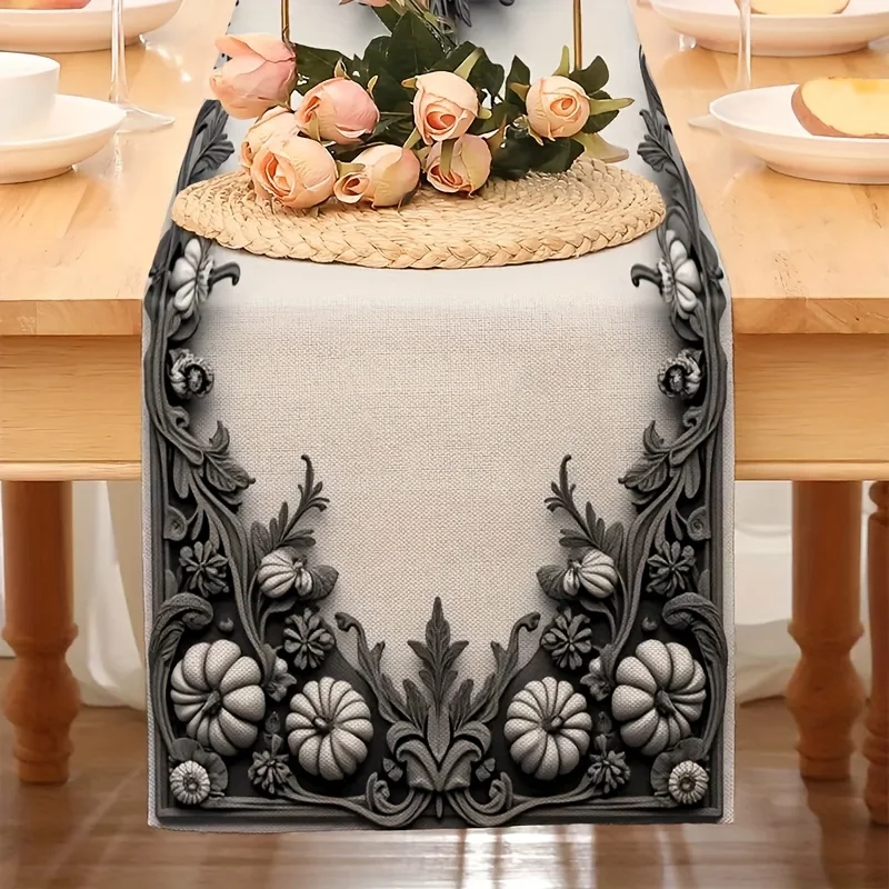قطعة واحدة من مفرش طاولة تحت عنوان الهالوين، نمط جمجمة واليقطين - تصميم ديكور أبيض وأسود، مناسب للحفلات والمطاعم والمنازل والأسواق ومشاهد تزيين العطلات.