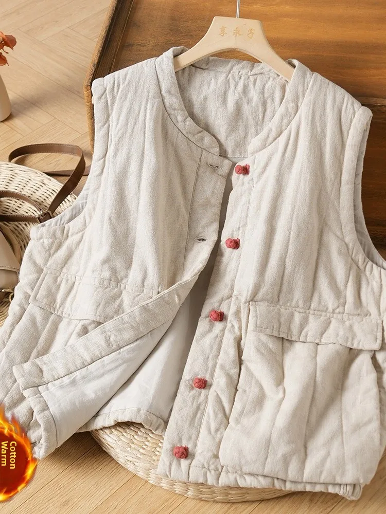 Warm Cotton Linen Vest Women's Fashionable Layered Wear Sleeveless Inner Cottonadded Breathable Comfortable Traditional Chine...