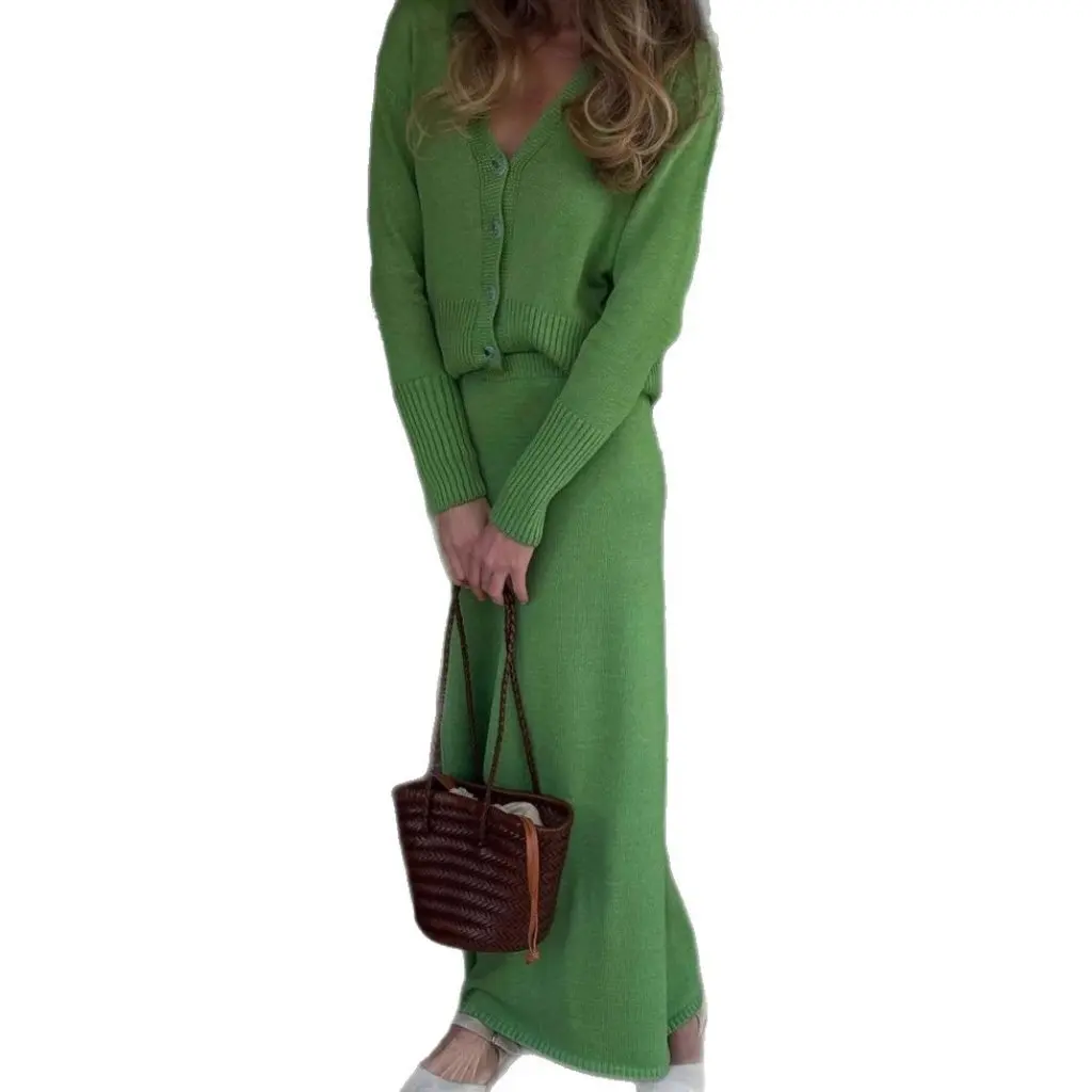 

Autumn New Women's Knitted Cardigan And Pleated Long Skirt Solid Color Two-Piece Set European American Style Wholesale