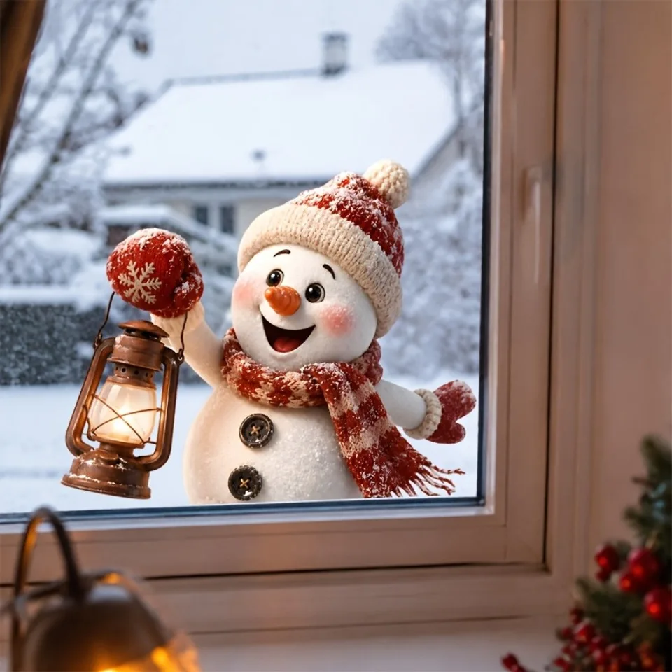 Christmas Snowman Window Clings Static Stickers With Lantern Xmas Glass Door Decals Winter Holiday Home Party Decorations