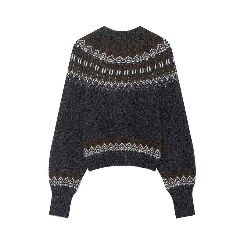 

Long Sleeve Vintage Jacquard Short Sweater 2025 New Casual Loose Knitwear Tops ﻿Women's Knitted Pullover Women Fashion