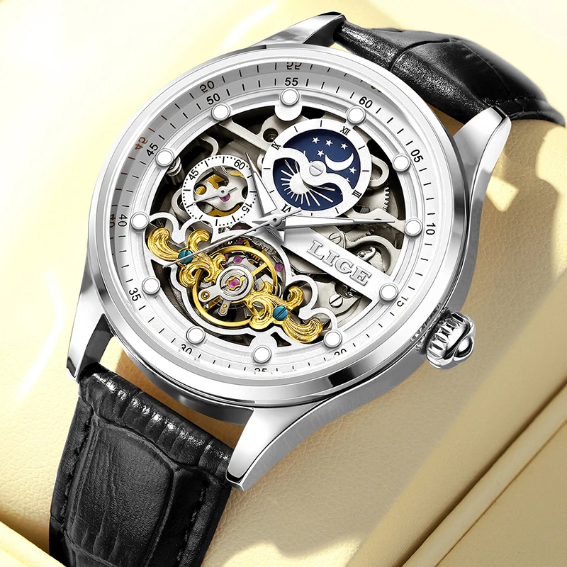 LIGE ساعة ميكانيكية مجوفة جديدة للرجال موضة الأعمال الرياضية مضيئة ساعة أوتوماتيكية الرجال الفاخرة مقاوم للماء ساعات رجالية