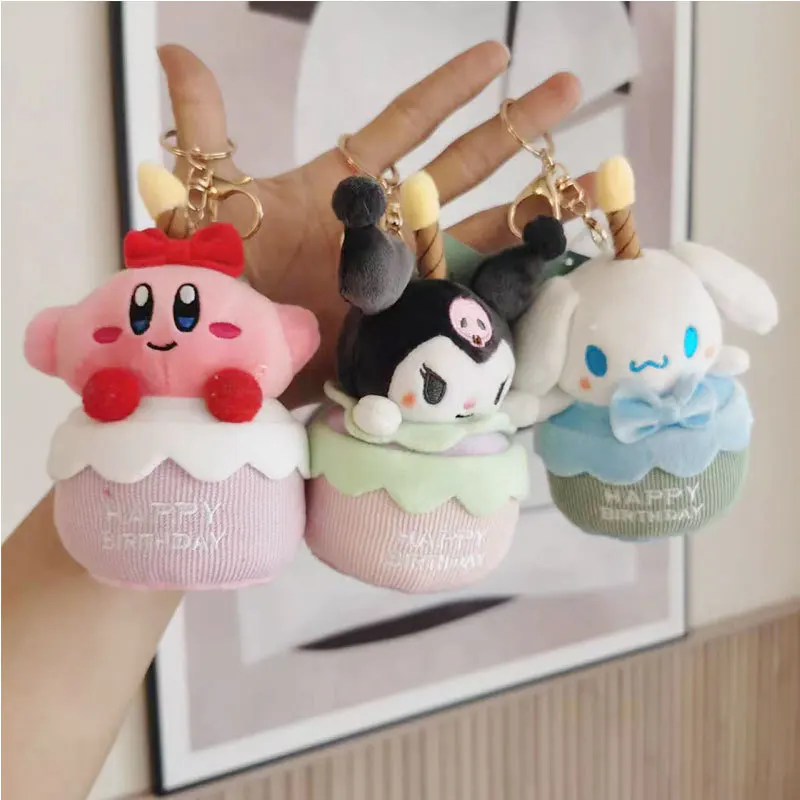 

New Kawaii Sanrio Plush Keychain Kuromi Cinnamoroll Kirby Birthday Cake Series Anime Cartoon Keyring 키링 Children Christmas Gifts