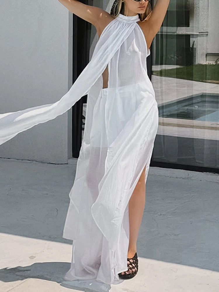 

Casual Simple Irregular Holiday Outfit Lady Elegant Sleeveless Hollow Loose 2Pc Set Sexy Halter Sleeveless Top & Pant White Suit