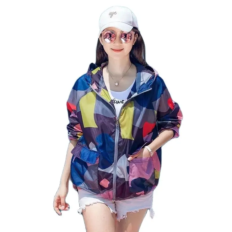 Women\'s Summer Jacket New Sun Protection Clothing Women Thin Loose Hooded Print Breathable UV Beach Coat Outerwear Top Femme