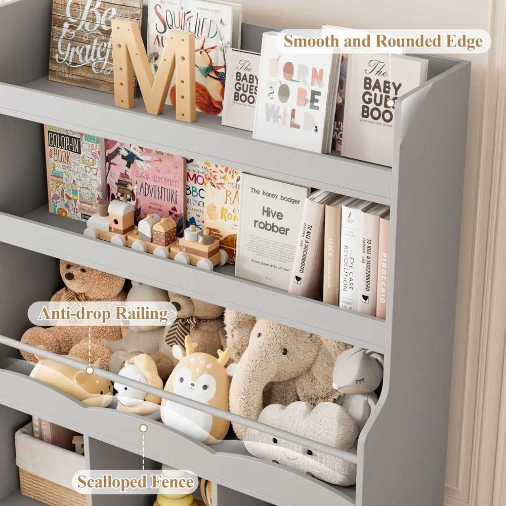 Libreria per bambini da 55,3 pollici con organizer per riporre i giocattoli, libreria alta con 3 contenitori mobili per giocattoli, libreria per bambini di grandi dimensioni con a