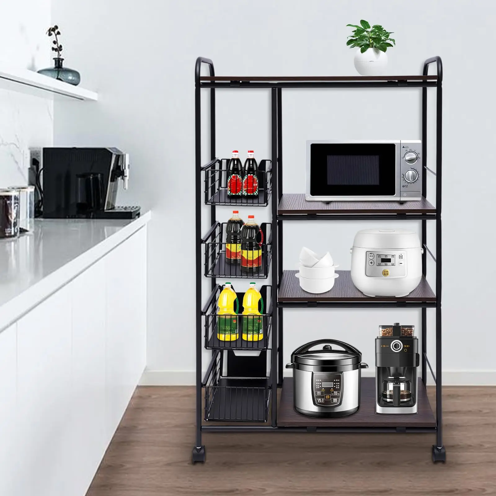 4 Tiers Kitchen Storage Shelf with 4 Drawers, Heavy Duty Storage Shelves Kitchen Bakers Rack with 4 Swivel Wheels