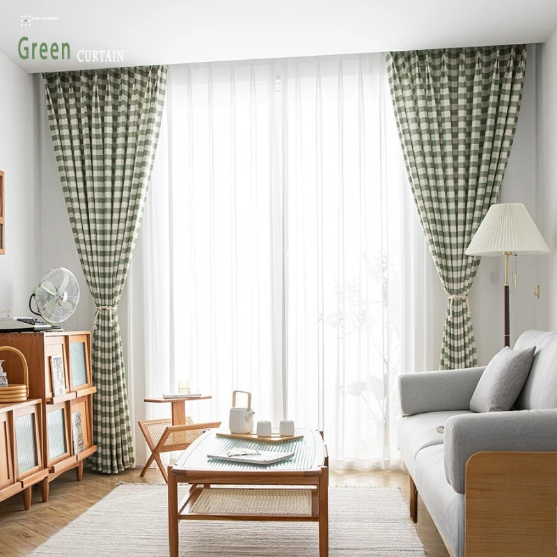 Matcha Green Cotton and Linen Ins Style Small Fresh Pastoral Literary Grid Luxury Curtains for Living Dining Room Bedroom