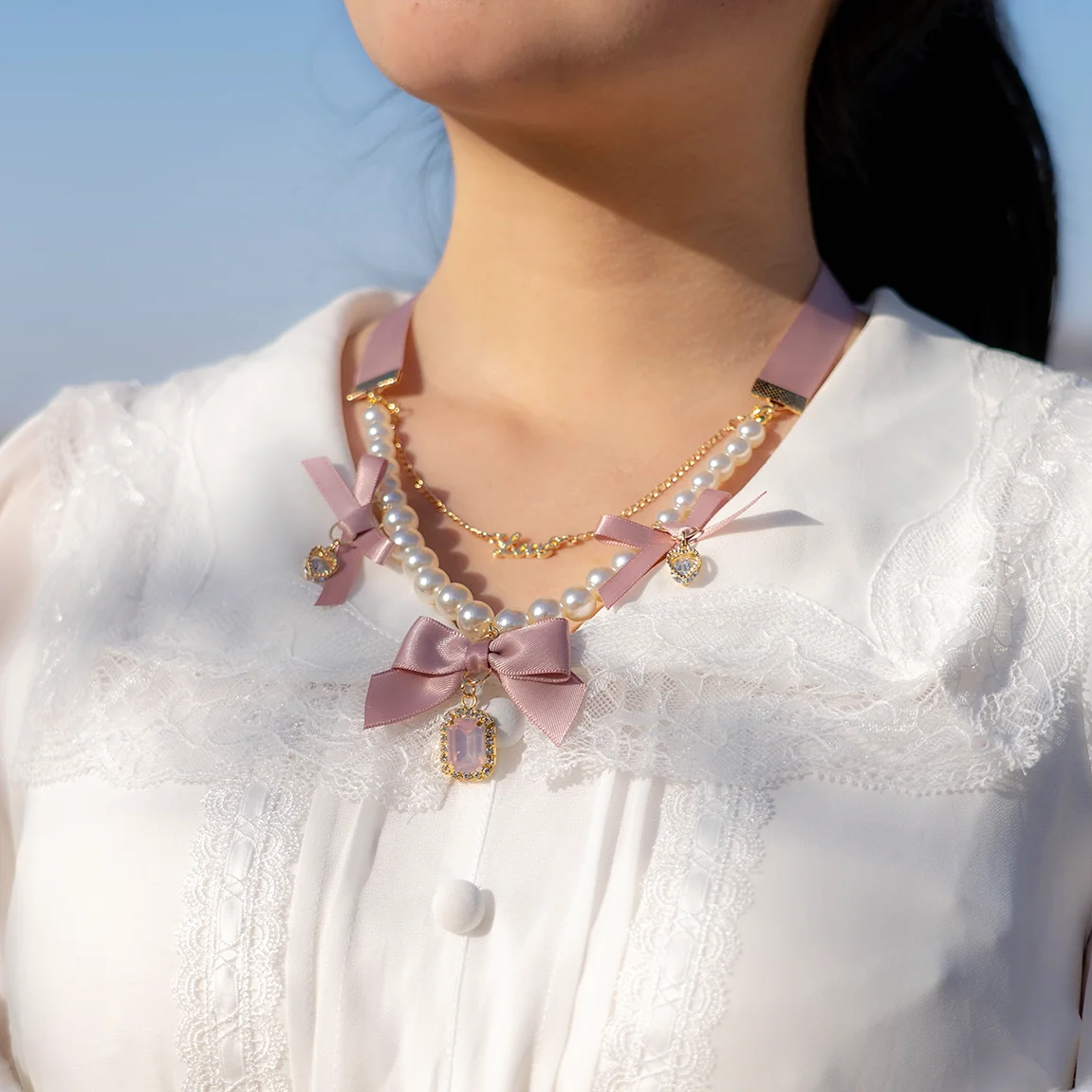 Japanese Mine Mass-Produced Pearl Rhinestone Bow Lolita Necklace 2024 Summer New Fashion All-Match Sweet Y2k Necklace Women