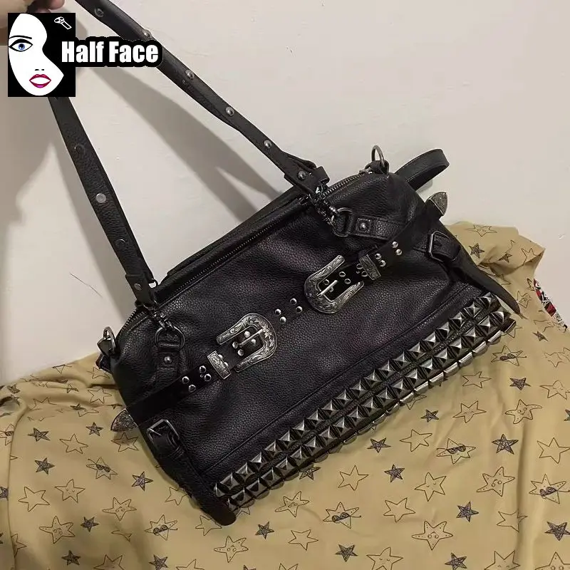 Y2K Girl Harajuku Gothic Handbags Carved Leather Buckle Large Capacity Punk One Shoulder Fashion Rivet Women Crossbody Bags Tote