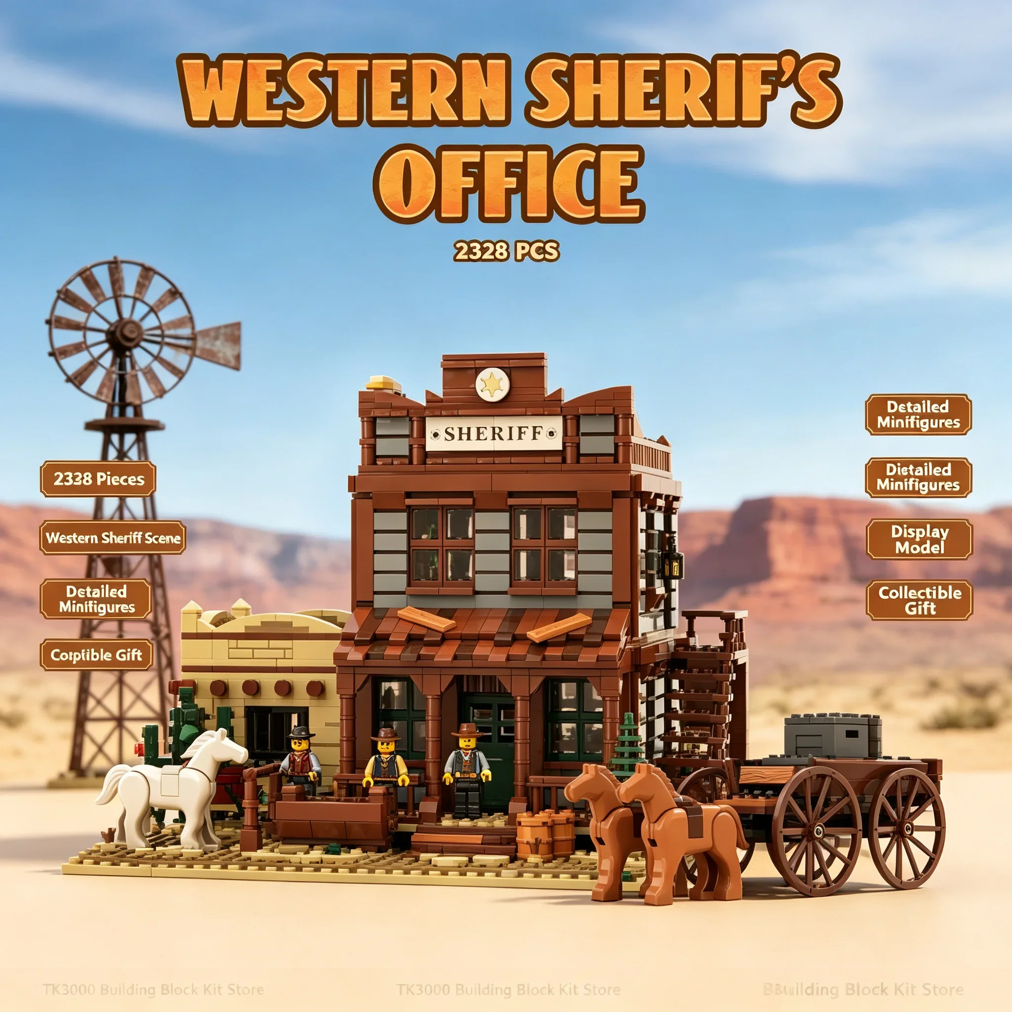 2328Pcs Wild West Sheriff Office Building Blocks Western Town Architecture Collectible Model Toy for 14+ Compatible with Lego