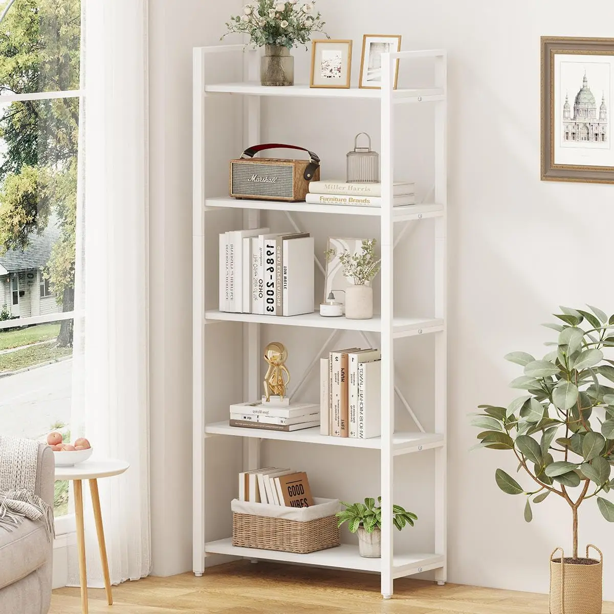 

5 Tier Bookshelf, Metal and Wood Bookcase, Etagere Book Shelf for Display, Modern Shelving Unit Tall Book case for Home Office