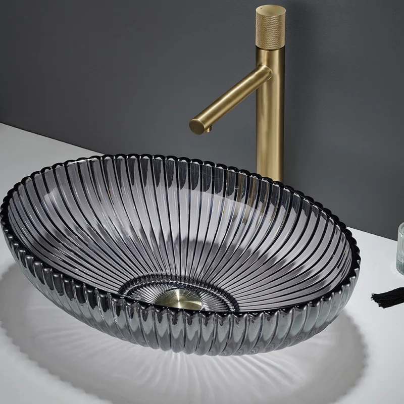 Manufacturer ultra-oval wash basin tempered transparent black crystal tempered glass sink