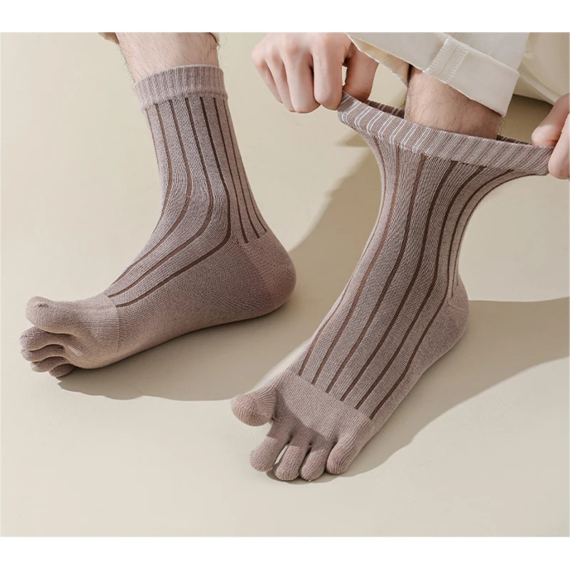 5 Pairs Man Business Five Finger Socks Cotton Mid-tube Vertical Striped Toe Sock Solid Color Casual Sweat-absorbing 5 Toed Socks