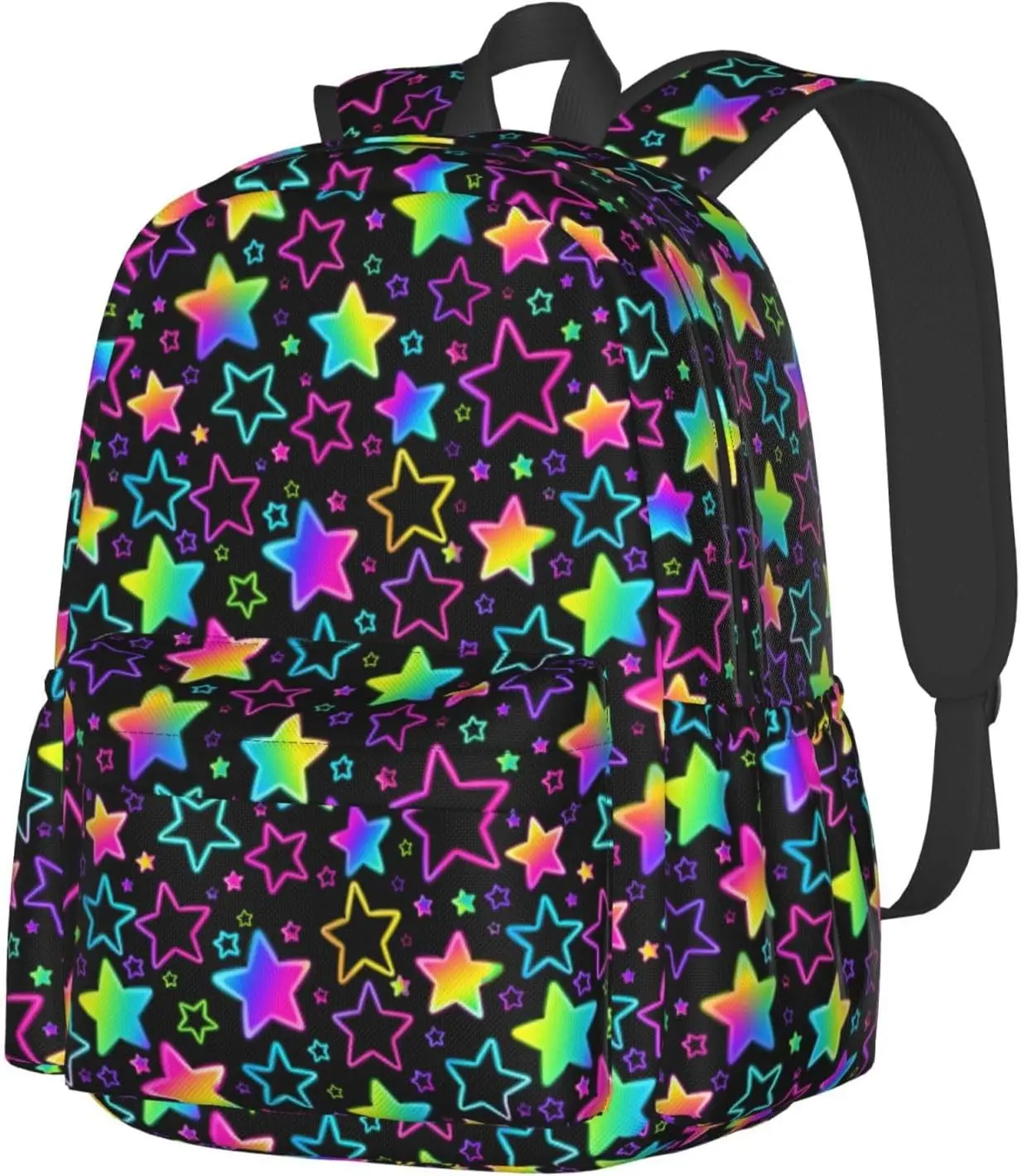 Rainbow Gradient Star Print Backpack on Black Background Cute Trendy Daypack for Teen Lightweight Large Capacity School Bag