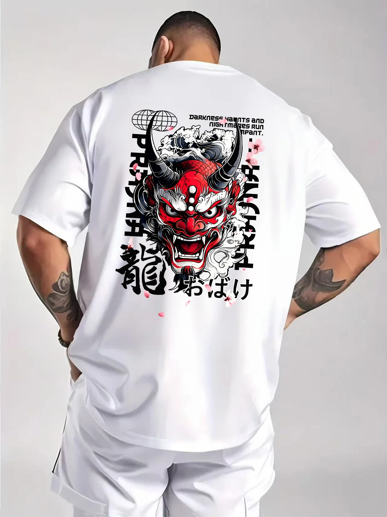 Camiseta japonesa con estampado de Oni Demon Back para hombre, con énfasis en rutina de algodón pesado, camiseta con cuello redondo, camisetas de Cosplay