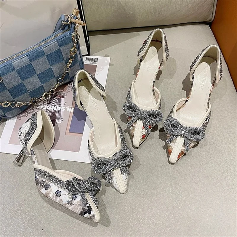 Luxury Pearl Crystal Bowtie White Wedding Shoes Women 2023 Autumn Brand Designer High Heels Pumps Woman Thin Heeled Party Shoes