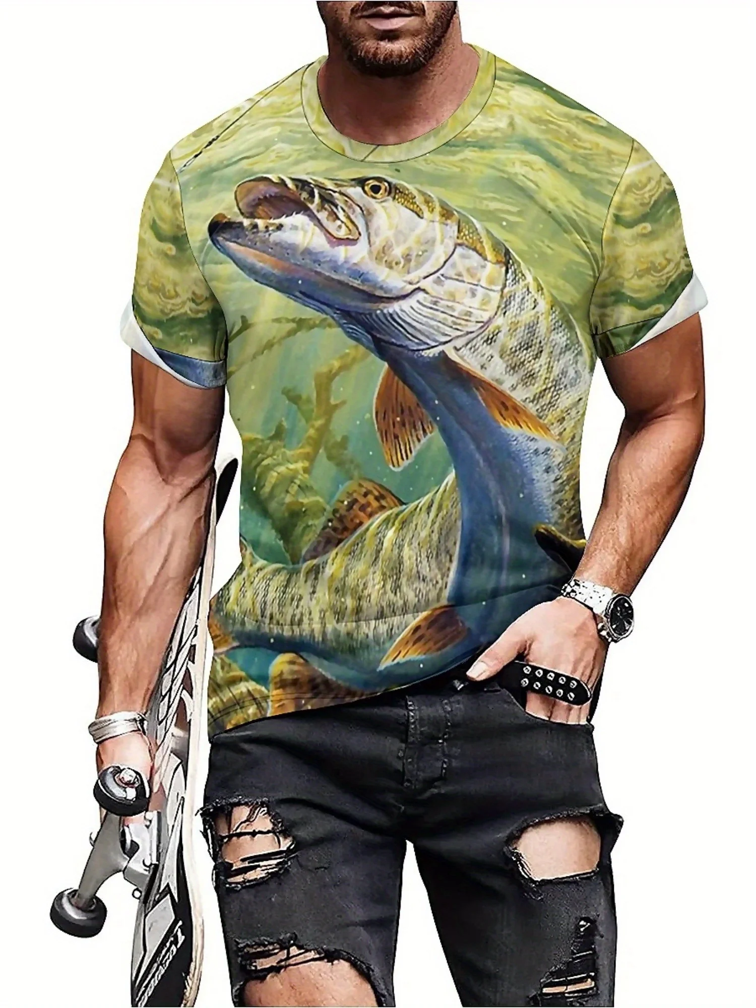 Camiseta masculina com estampa de peixe 3D – poliéster macio, manga curta, gola redonda, estilo casual e esportivo, conforto para todas as estações,