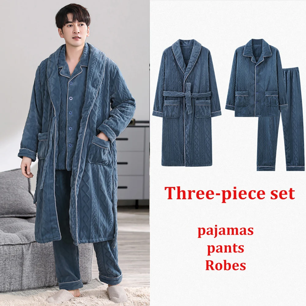 

3pcs Winter Warm Pajamas Sets For Men Bath Robe Pajama Luxury Flannel Thicken Sleepwear Cozy Sleeping Clothes pyjama homme hiver