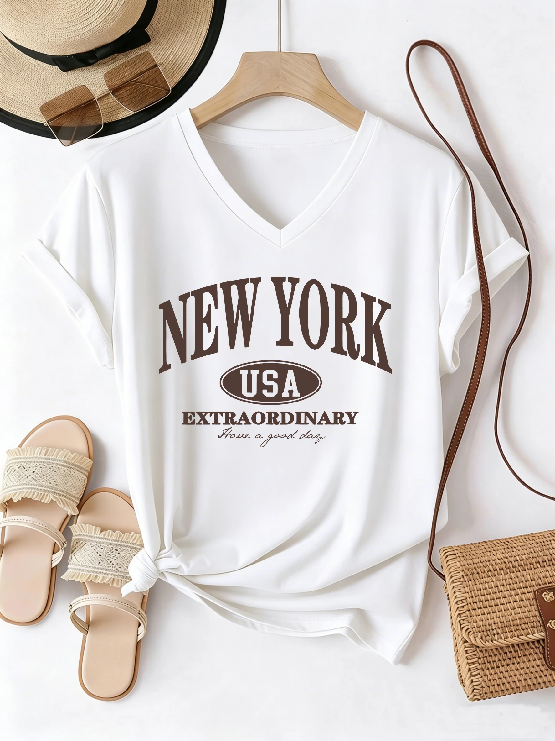 Fashion T-shirt V Neck Casual Y2k USA NEW YORK Printed T Shirts Women Short Sleeve Tee Shirt V-Neck Summer T SHIRT