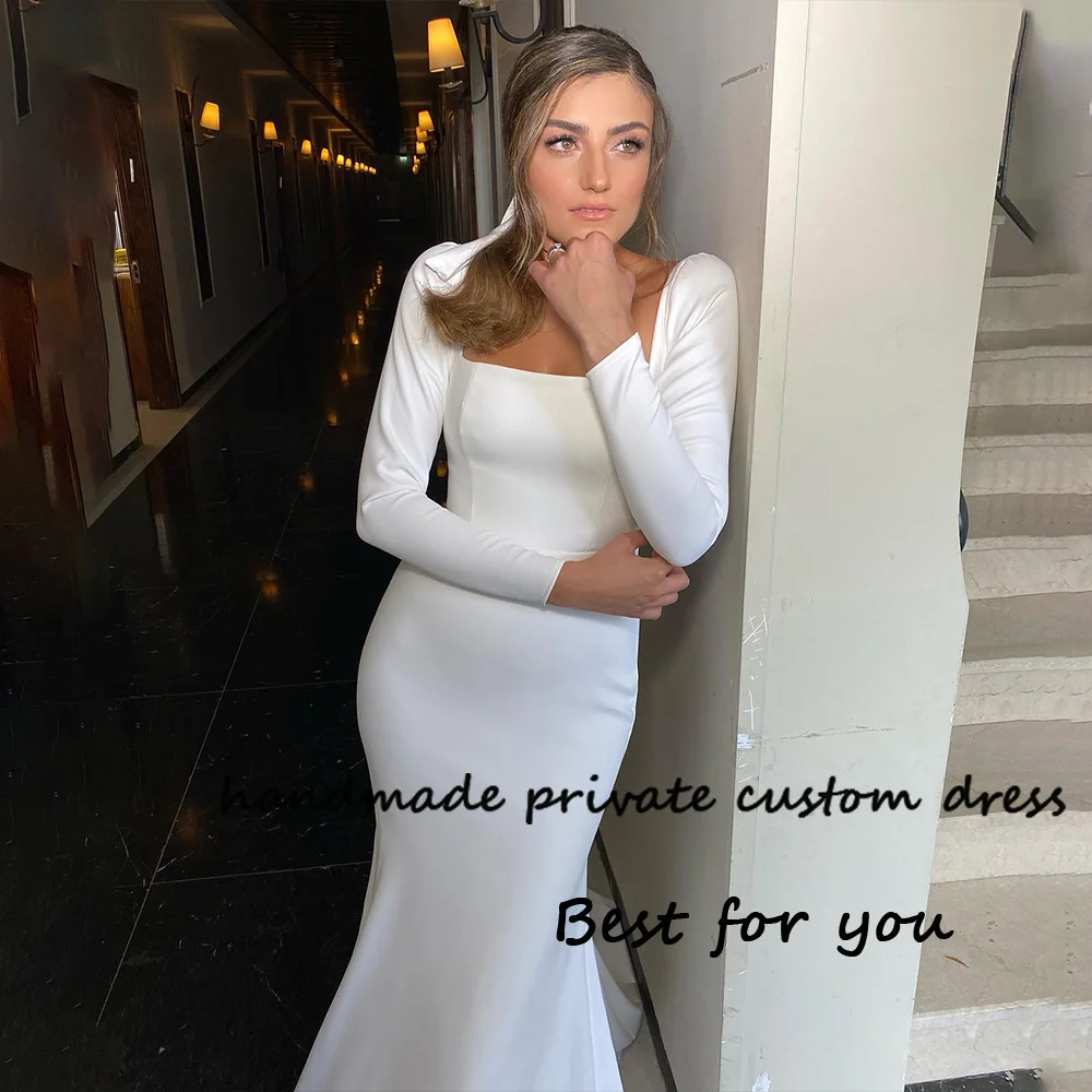 

White Mermaid Wedding Dresses Long Sleeve Square Neck Chic Civil Bride Dress Simple Wedding Gowns Customized 2023