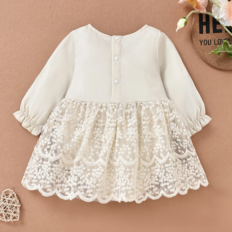 VISgogo Newborn Baby Girls Romper Dress Long Sleeve Round Neck Patchwork High Waist Lace Toddler Floral Party Princess Dress