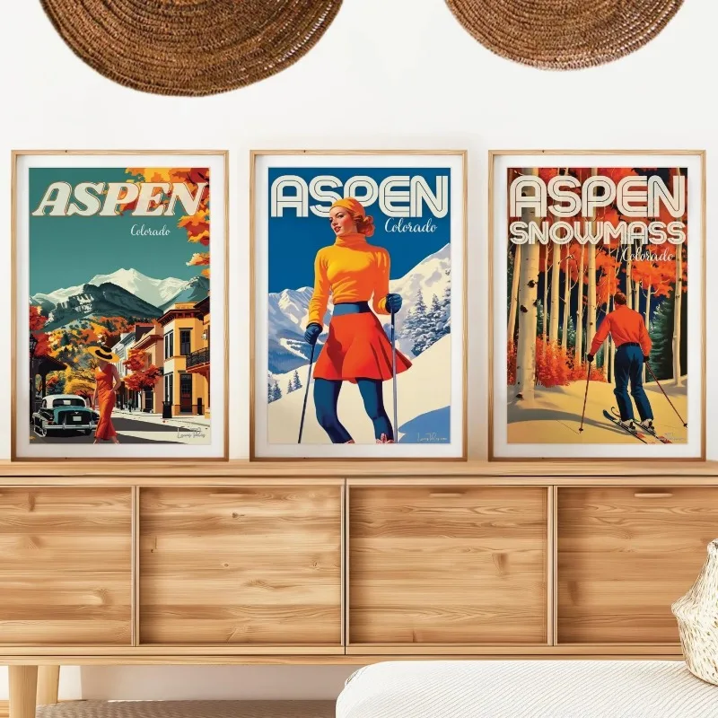 Set of 3 Vintage Travel Wall Art Prints Retro Ski Poster Mountain Snowmass Winter Adventure Home Decor Unframed Canvas Painting
