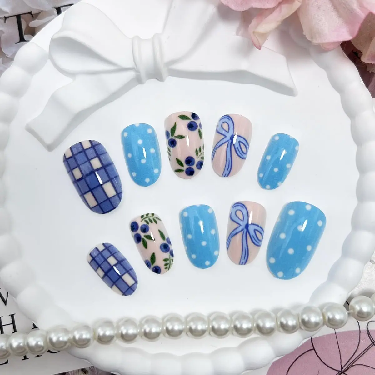 24Pcs Spring Press on Nails Short Almond Fake Nails Fruit False Nails Blueberry Bow Polka Dot Blue Checkerboard Glue on Nail