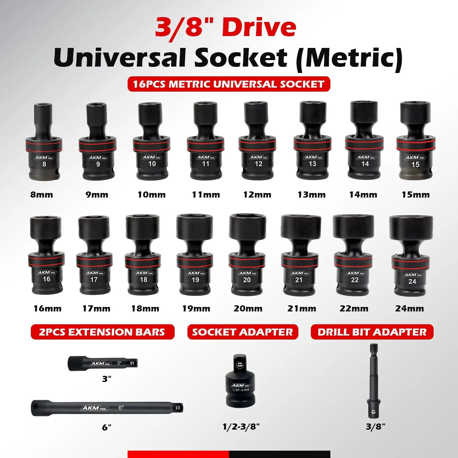 3 8 Drive Universal Impact Socket Set 20 Piece Swivel Socket Universal Joint 6 Point Metric 8 24Mm Cr Mo Extension Bars Socket A