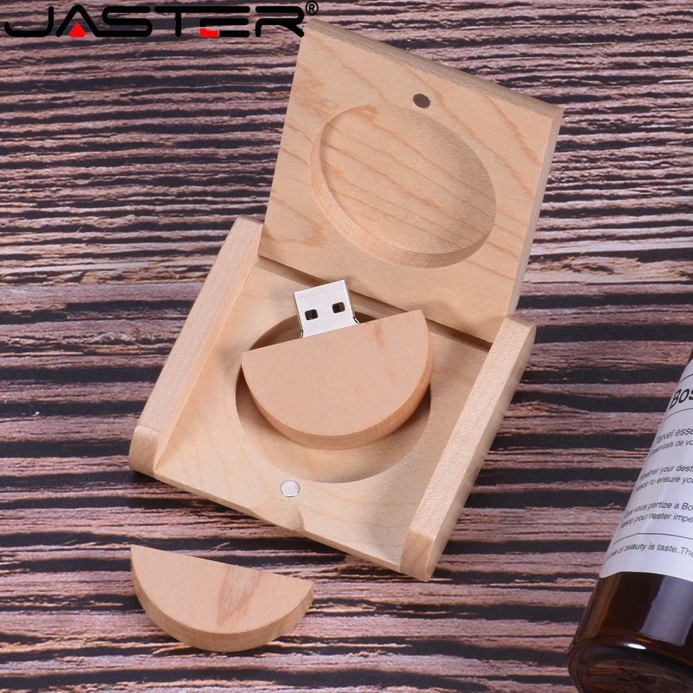 Round Pancake Wooden USB 2.0 Flash Drive 128GB Push-Pull Wooden Box Pen Drive Photography Wedding Gift U Disk Real Capacity