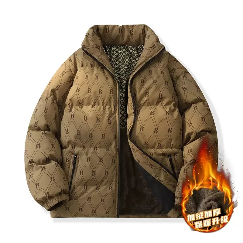 New Autumn and Winter Fashion Trendy Printed Thickened Warm Windproof Cotton Jacket Men's Casual Loose Sports Plus Size Coat