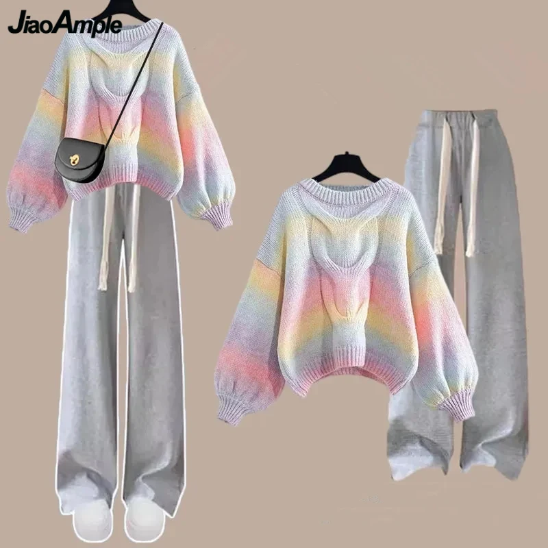 

2023 Autumn Women Clothing Fashion Rainbow Sweater Jumpers Wide Leg Pants 1 or Two Piece Set Lady O-Neck Knit Tops Trousers Suit