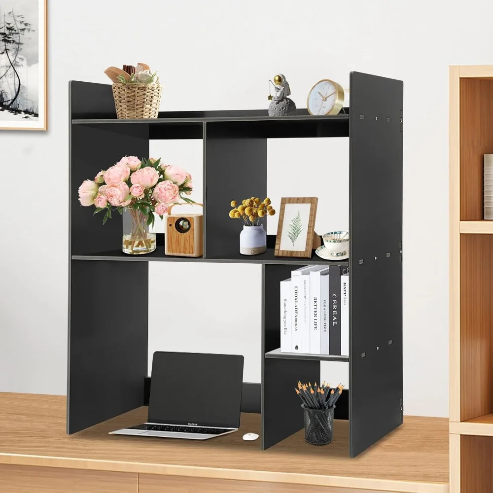 Desktop Shelf Desk Hutch Dorm with 5 Shelves for Computer Desk Multipurpose Desktop Organizer Bookshelf Display (Black)