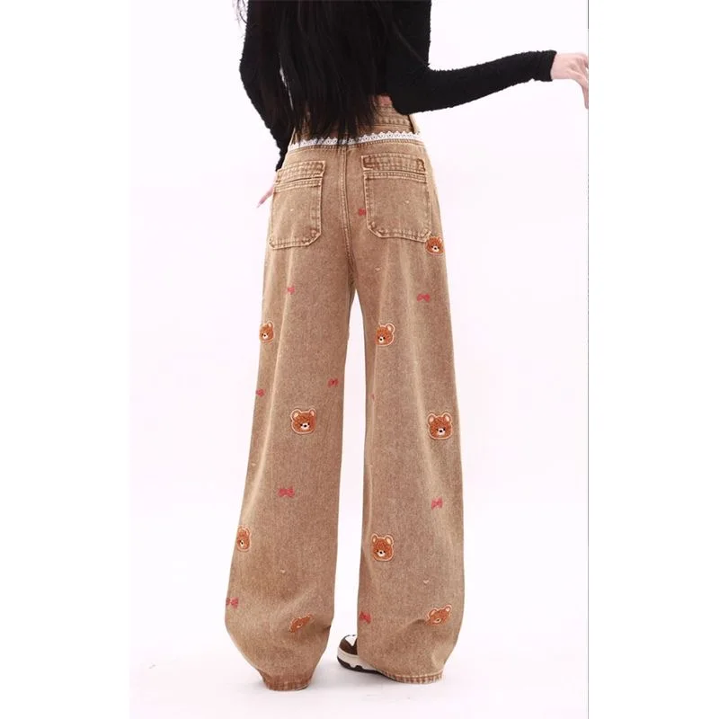 2025 Ropa Y2K Fashion Bear Embroidery Brown Baggy Women's Jeans Pants Woman Clothing Lace Patchwork Casual Cotton Long Trousers