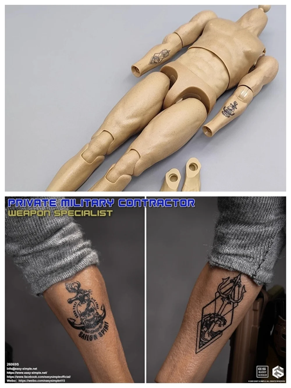 EASY & SIMPLE ES 26069S US. Soldier PMC Doll Toys Model Combat Pant Gloved Hand Types Body Doll with Tattoo For Fans Collect 1/6