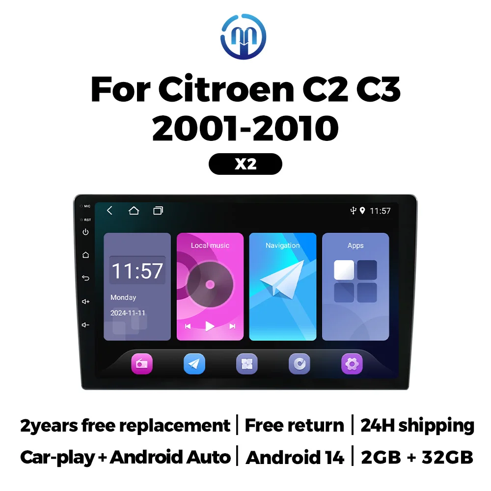 

NaviFly 2 Din Android 14 Car Radio For Citroen C2 C3 2001 2003 - 2010 Multimedia Player GPS Stereo BT Carplay Auto Smart Systems