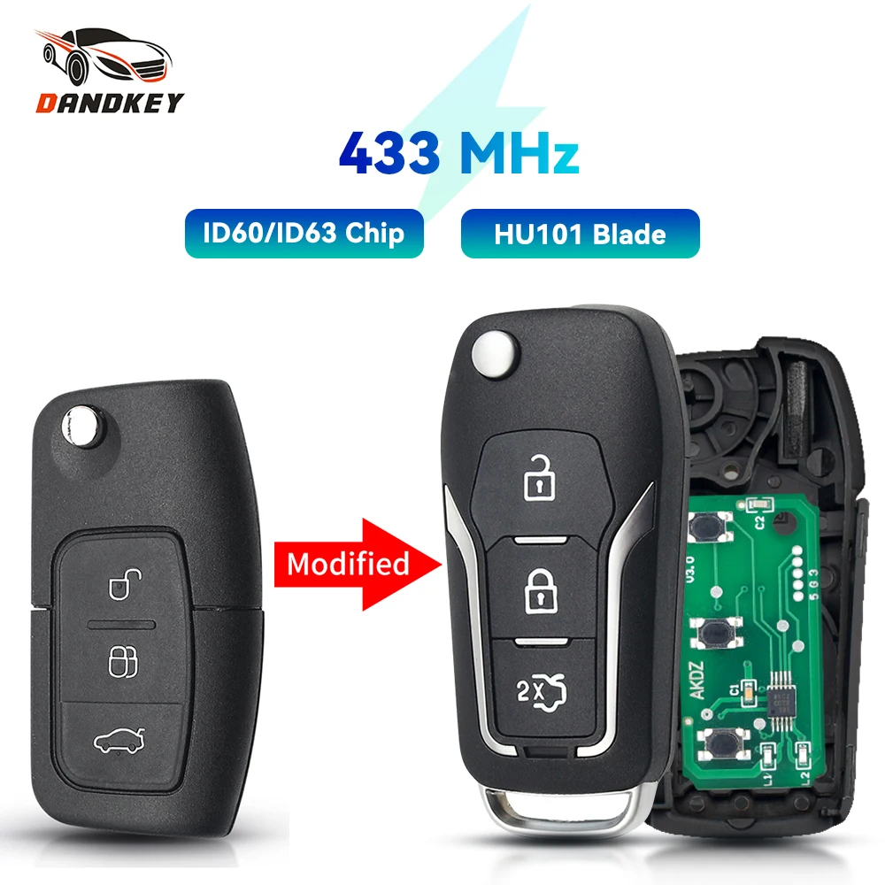 Dandkey For Ford Fiesta Focus 2 Ecosport Kuga Escape C Max Ka 2013 433MHz Modified Flip Remote Key Case With Chip HU101 Blade