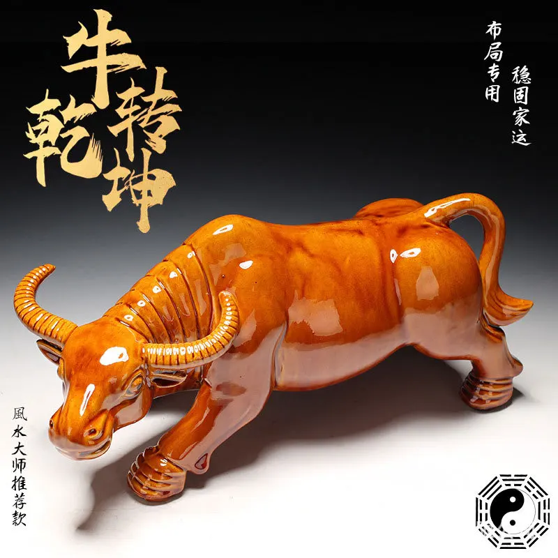 Tri-Color Glazed Ceramic Lying Ox Figurine Notch Design Lucky Feng Shui Ornament for Home Decoration