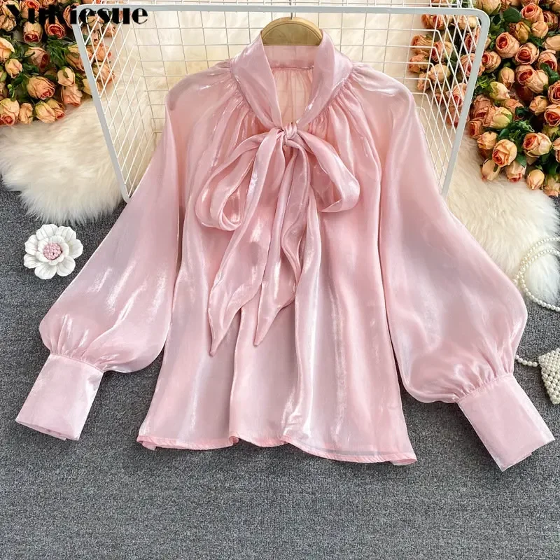 Spring Women's New Harajuku Tops V-neck Solid Color Bowknot Lantern Sleeves Loose Fashion Elegant Mesh Temperament Ladies Shirt