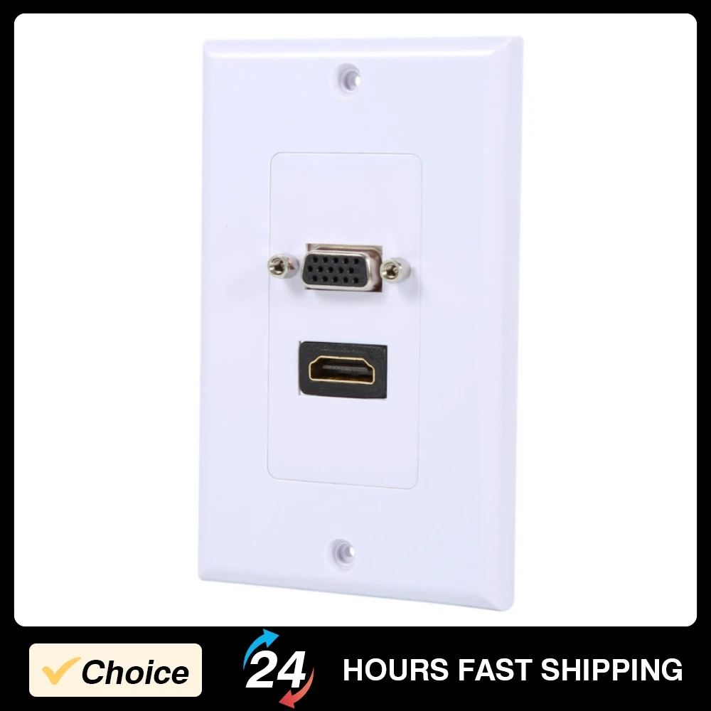 HDMI VGA Dual Port Wall Plate ABS Single-Gang Wall Plate HDMI VGA Outlet Extender Audio Video Equipment Extension Supplies
