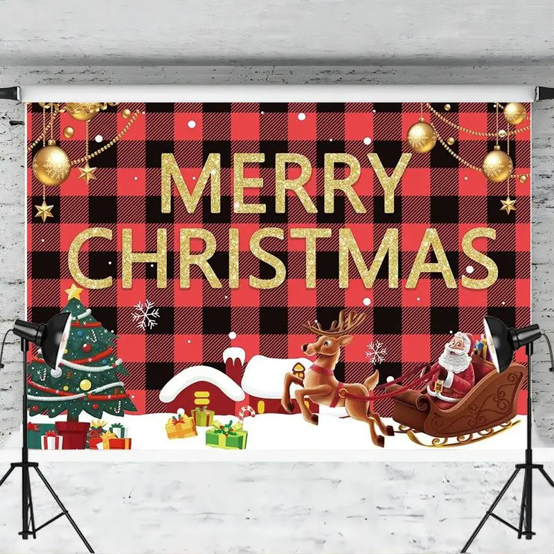 Merry Christmas Backdrop Banner Santa Claus Tree Gift Red and Black Plaid Photography Background Winter Holiday Party Decoration