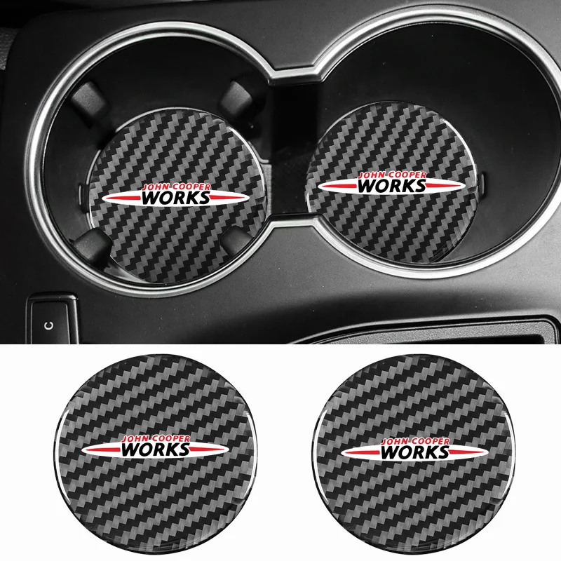 2Pcs Car Carbon Fiber Pattern Coaster Non Slip Water Cup Mat Anti-Dirt for MINI Coopers R55 R61 R66 JCW F54 F55 F56 F57 F60