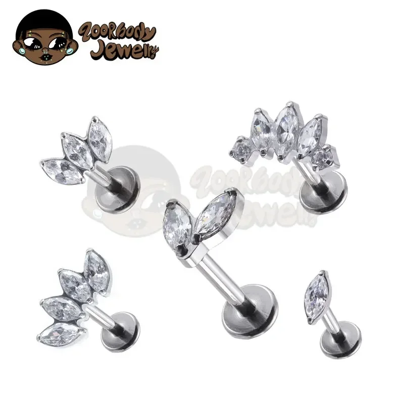 ASTM F136 Implant Grade Titanium Triple Marquise CZ Internally Threaded Labret Monroe Lip Cartilage Helix Medusa Monroe Piercing