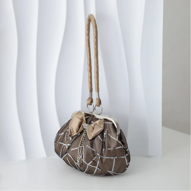 2026New fashion sequin mesh bow handbag with string strap, soft shoulder bag, crossbody bag, high-end evening dress bag - view 2