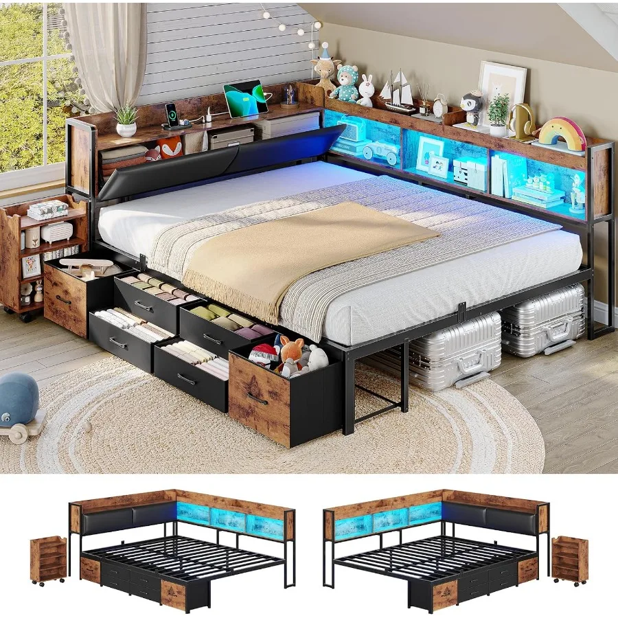 14 Inch Corner Bed Frame with Pull-Out Cabinet, Bookcase Headboad Storage, LED Daybed with 6 Drawers, Charging Station, Size Me
