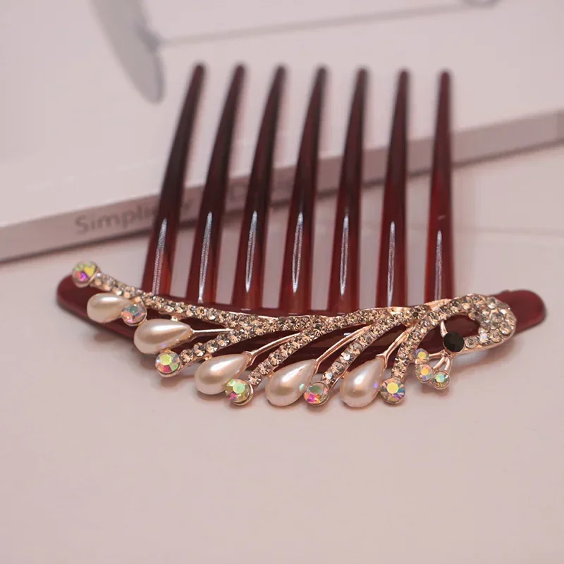 7 Teeth Rhinestone Pearl Insert Comb Hair Clip Women Elegant Temperament Fashion Buns Maker Girls Hairpin Hair Style Accessories