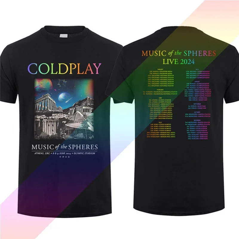 2024เสื้อยืดผู้ชายลำลอง athens June 2024 Music of the Spheres Cold .play Tour เสื้อยืดฤดูร้อนแขนสั้น S-3XL ผ้าฝ้าย100%