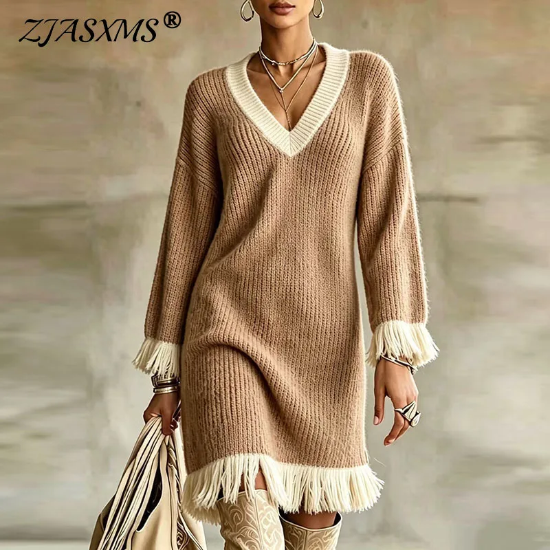 Vestido de Punto en Contraste para Mujer, Cuello en V, Manga Larga, Corte Holgado, con Flecos y Borlas en el Bajo, Mini Vestido Casual Bohemio para Otoño e Invierno