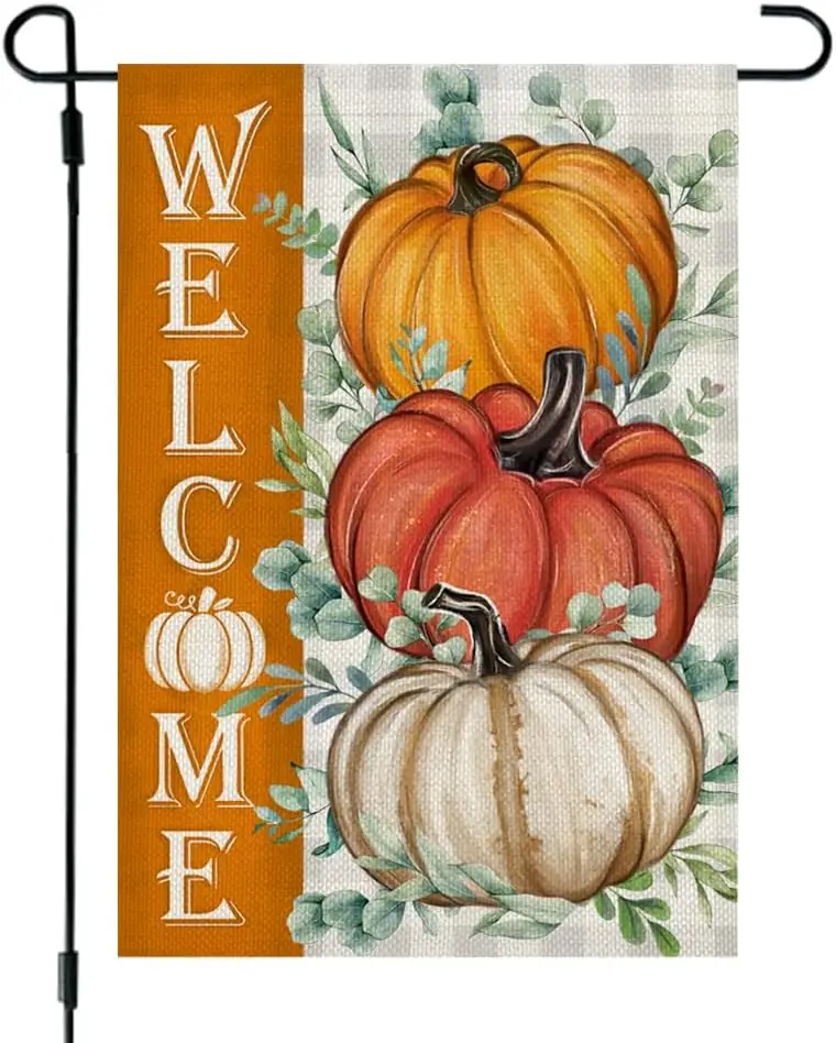 Fall Pumpkins Garden Flag 12x18 Inch Double Sided Small Burlap Eucalyptus Leaves Holiday Flag for Outside Yard Welcome CF1549-1