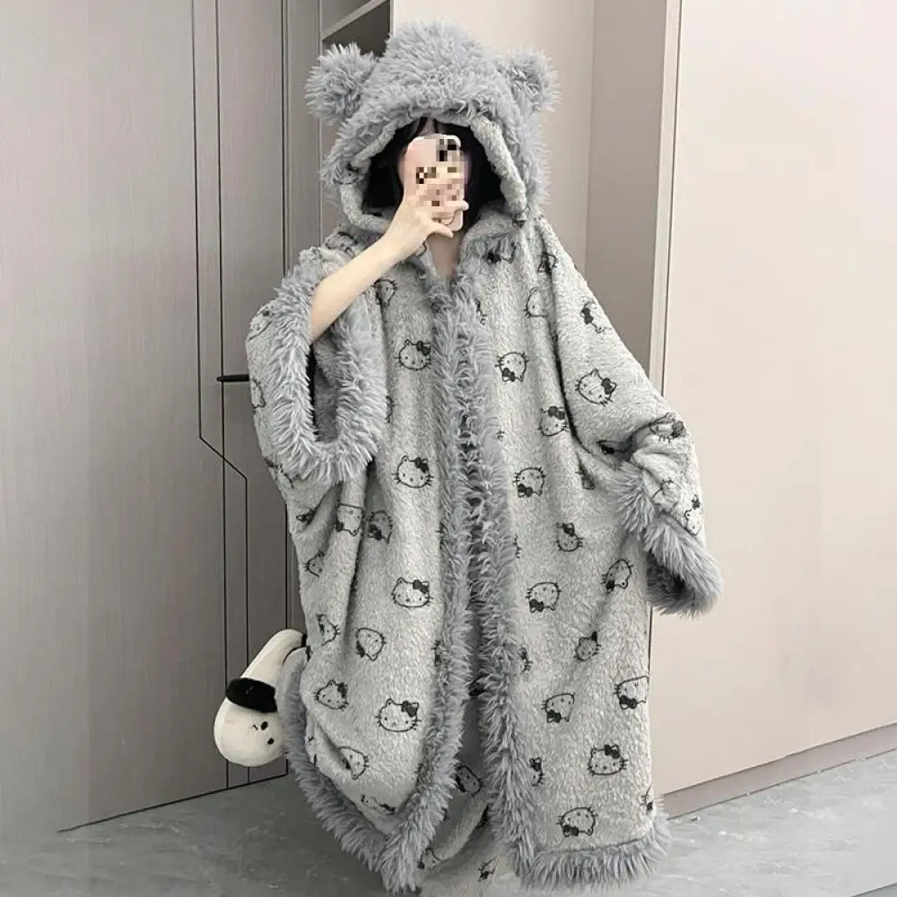 Kawaii Women Hello Kitty Warm Plush Robe Set Cute Autumn Winter Girls Thicken Coral Fleece Home Clothes Girl Cartoon Nightwear